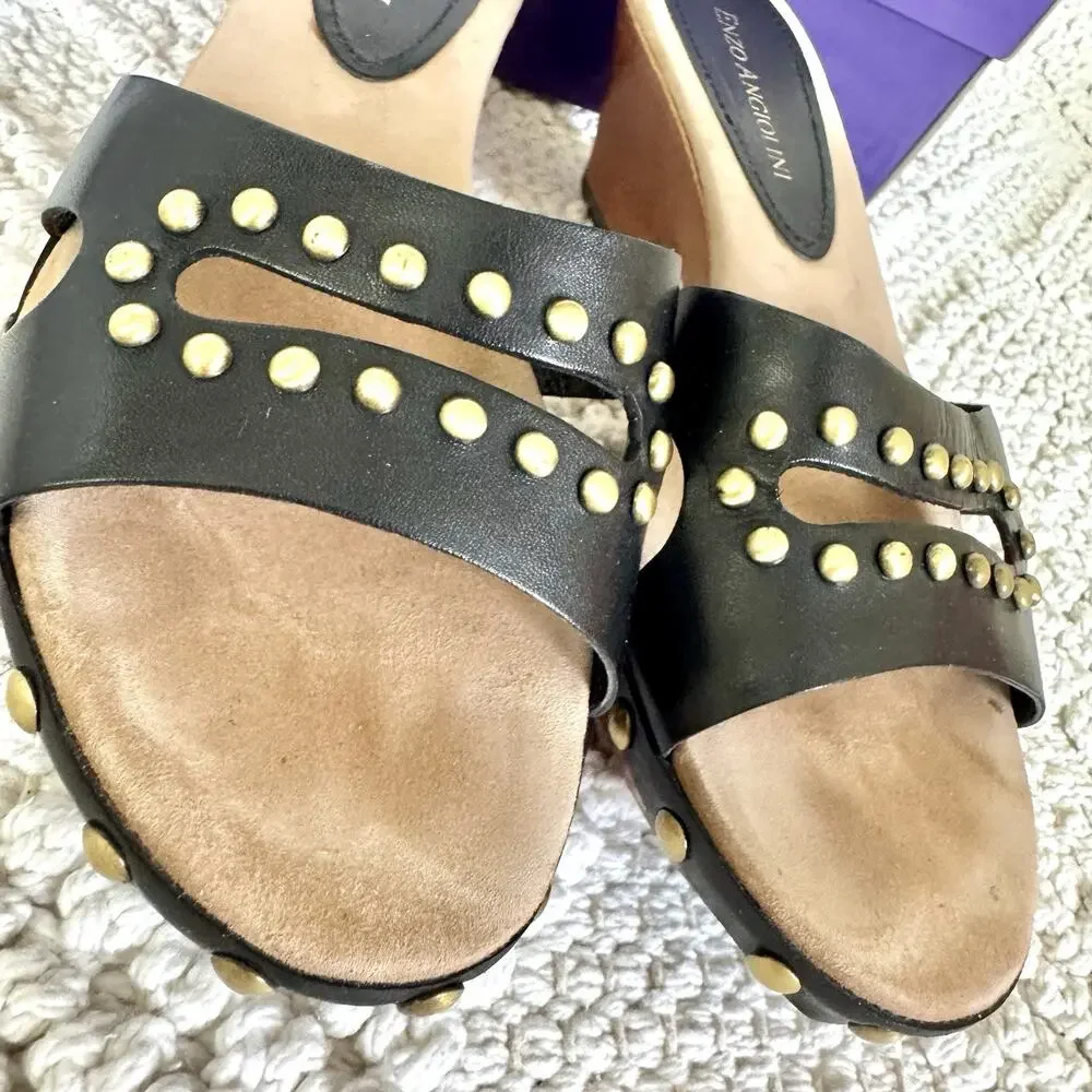 Enzo Angiolini Womens 5.5 Black Sandals Wood Heel Slide On Strap Fashion Y2k 90s